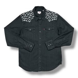 Levis Denim Shirt Pearl Snap Western Cowboy Black Medium Cheetah 90s y2k